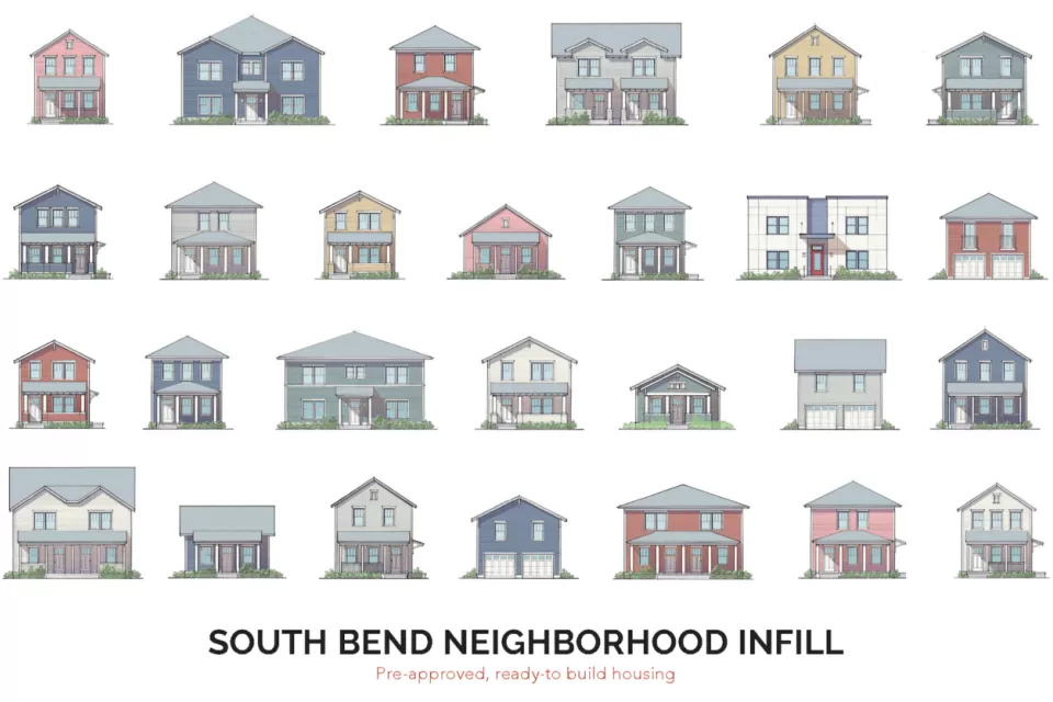 Sketches of front facades of houses laid out in a grid, six rows by four columns.